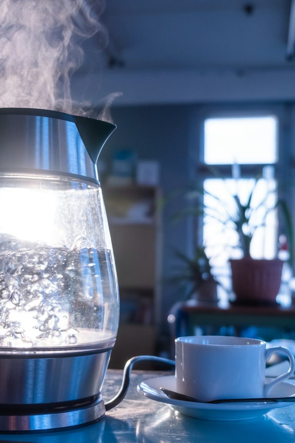 Transparent kettle with water boils